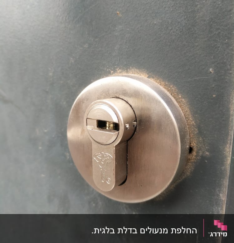 מנעול גלילי מתכת על דלת אפורה